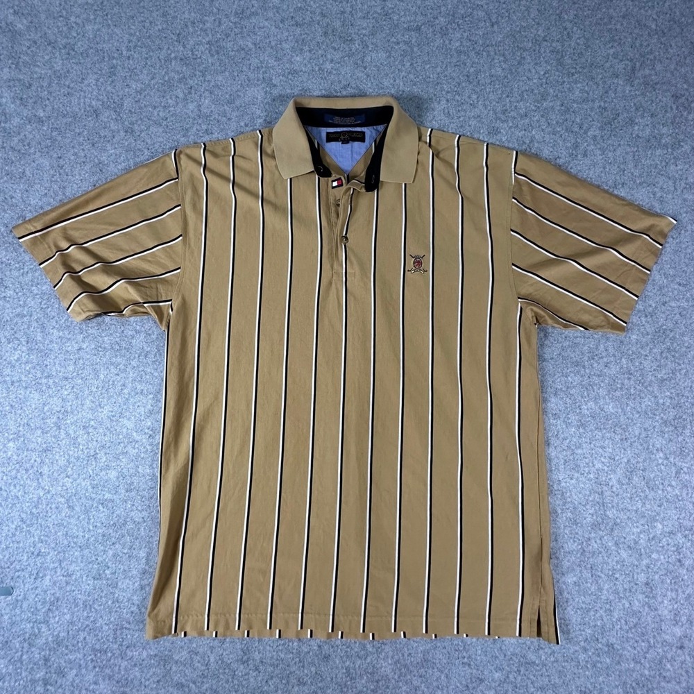 Tommy Hilfiger‎ Golf Polo Shirt Mens Large Tan Striped Short Sleeve